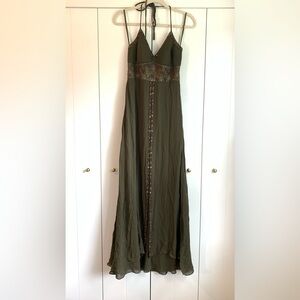 Vintage‎ Sue Wong Green Silk Beaded Halter Gown Long Dress Formal Size 4